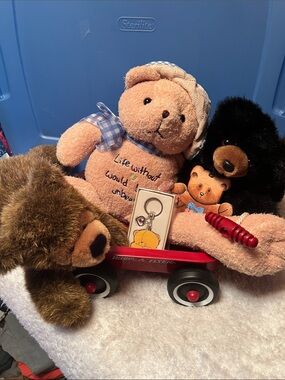 Blue Plush Bear Toy with Hallmark Bear Key Chain  and Red Wagon Bundle